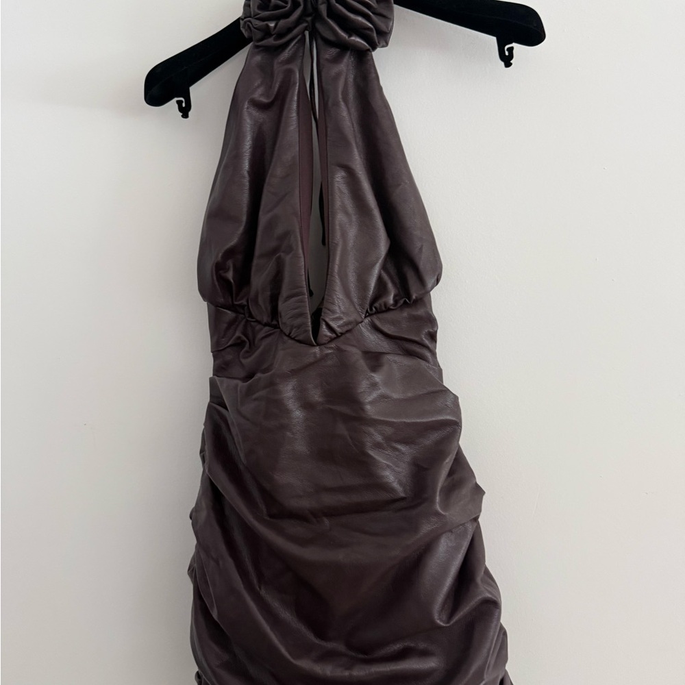House of CB Brown Faux-Leather Halter Dress